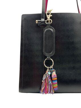 Upcycled Handmade Leather Keychain Bag Charm Tassel Beads Worry Doll Whimsical